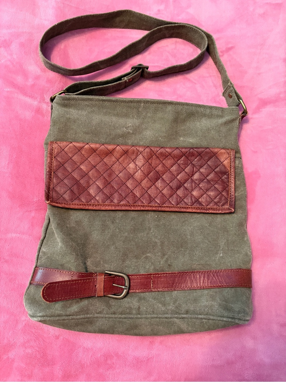 Mona B Olive Canvas Crossbody with Brown Leather Accents